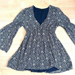 Dark Blue Navy Lucca Floral V-Neck Women's Midi Mini dress flare sleeves